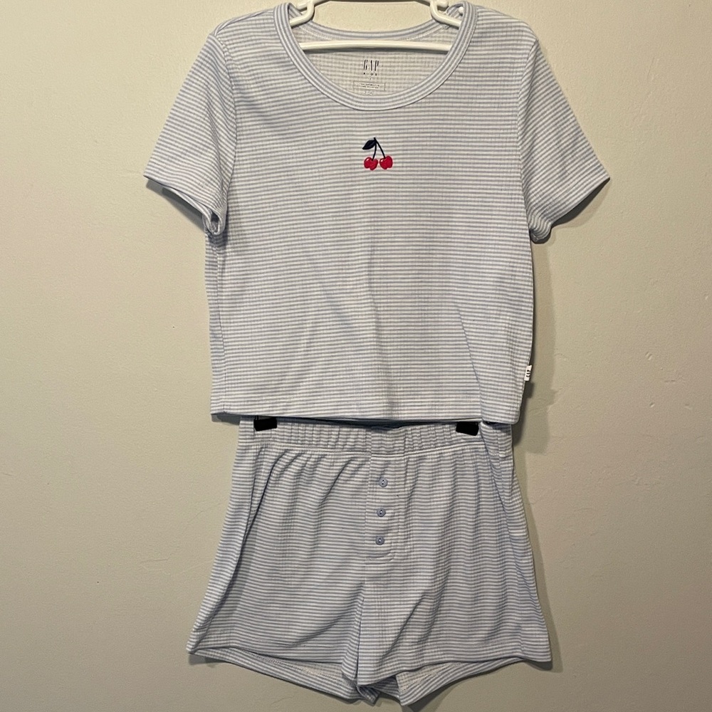GAP Kids Cherry Striped Ribbed Knit Pajama Set - Light Blue